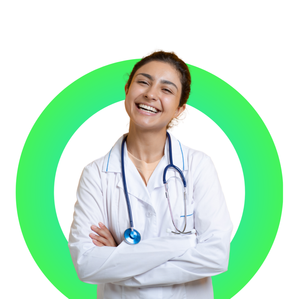 A happy, female medical professional with a stethoscope around her neck
